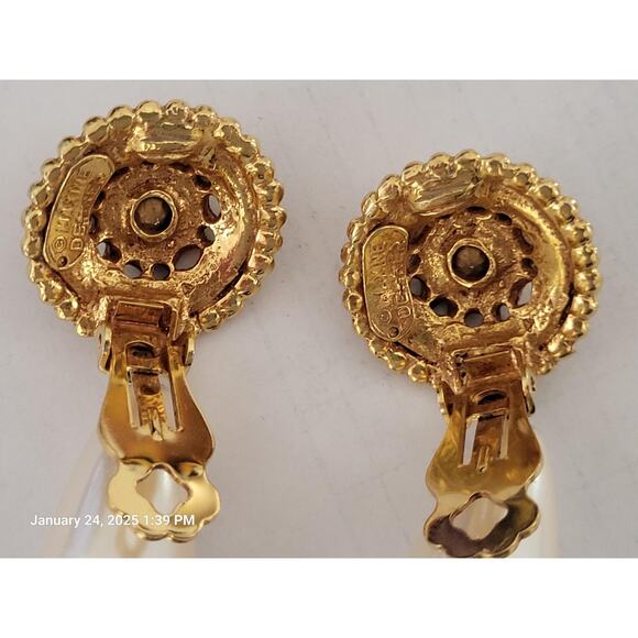 Pearl Diamond Gold Earrings Vintage Signed Designer Maxine Denker Clip-On - Picture 6 of 9